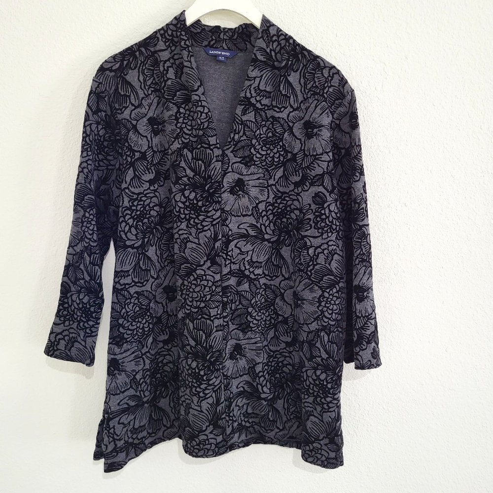 Lands End Black Velvet Flocked Floral Tunic Top SZ L 14-16